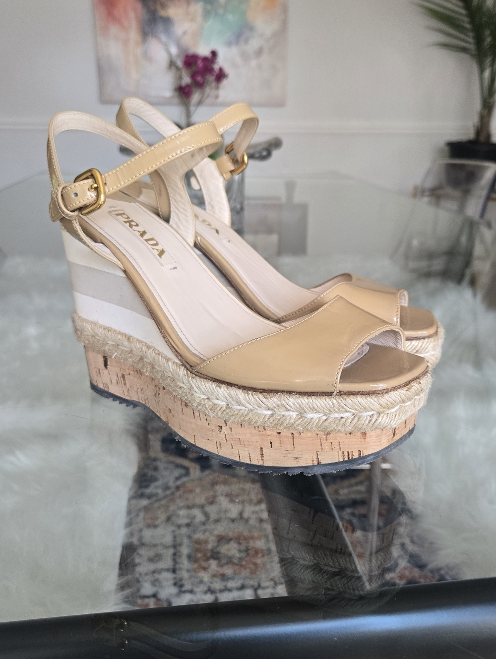 Prada Tan Beige Leather Espadrille Wedge Sandals Square Peep Toe Heels 40 - Picture 2 of 15